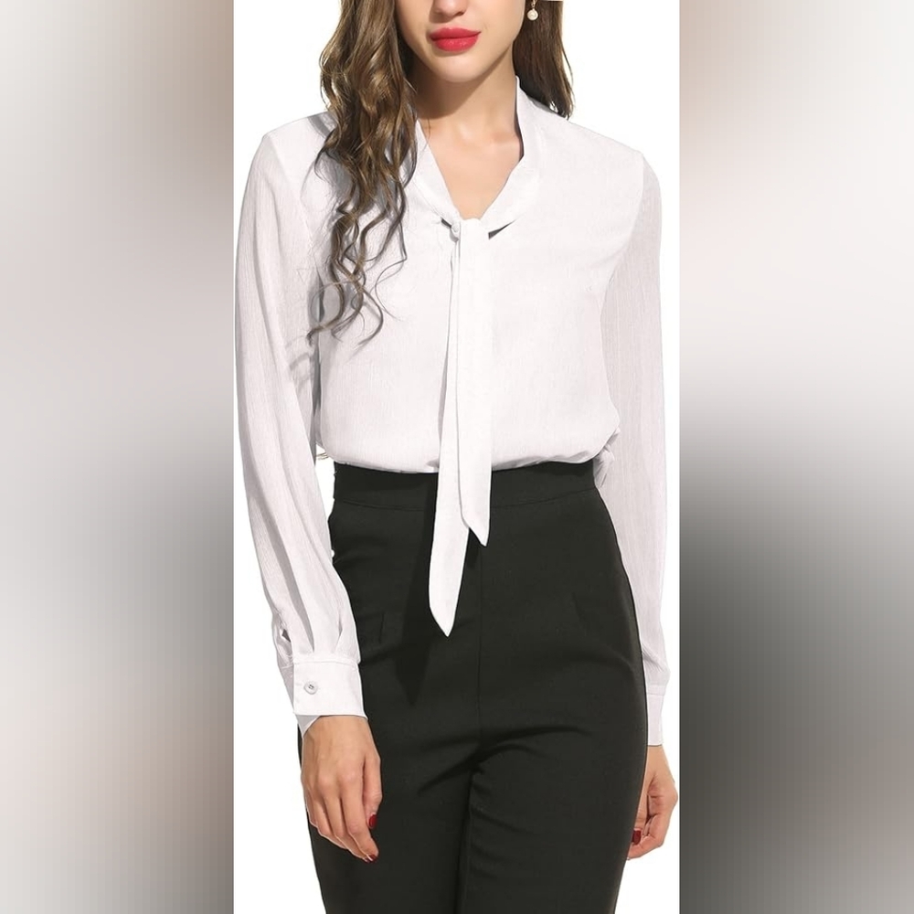 ACEVOG Women's White Long Sleeve Chiffon Blouse, Dressy w/ Bow Tie, Small